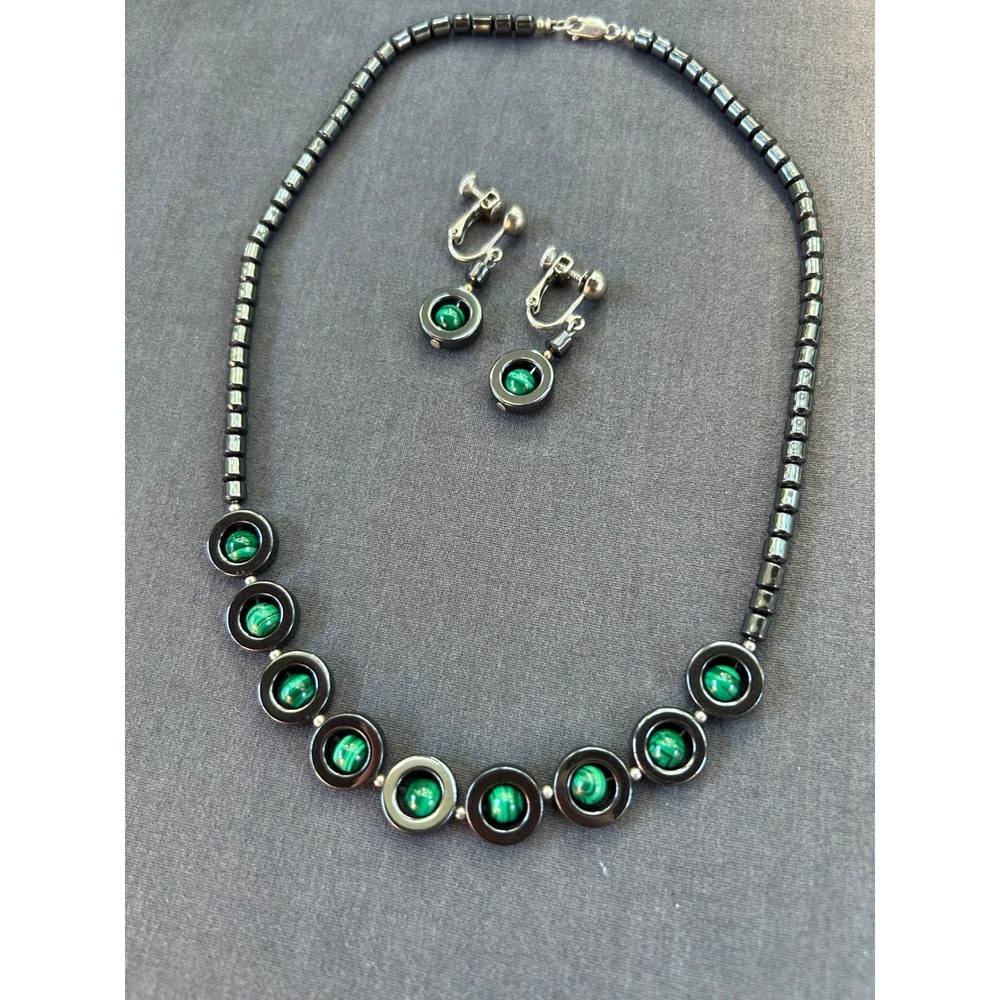 Hematite Green Malachite Bead Necklace and Screw Back Earring Set Vintage Style